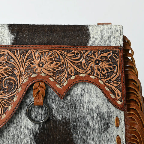 American Darling Hair-On Cowhide Western Leather Wristlet Bag with Tooled Floral Detailing & Fringe