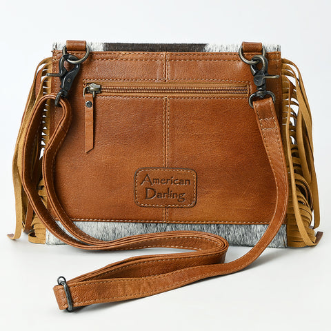 American Darling Hair-On Cowhide Western Leather Wristlet Bag with Tooled Floral Detailing & Fringe