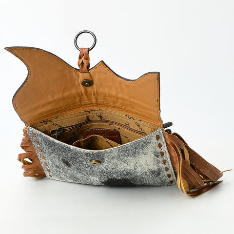 American Darling Hair-On Cowhide Western Leather Wristlet Bag with Tooled Floral Detailing & Fringe