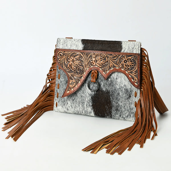 ADBG1589 Black & White Cowhide Fringe Wristlet - Western Tooled Leather Saddle Flap Purse