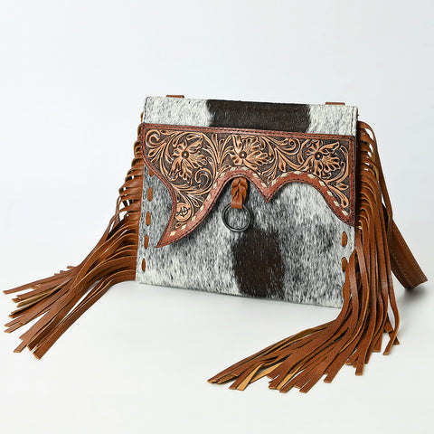 American Darling Hair-On Cowhide Western Leather Wristlet Bag with Tooled Floral Detailing & Fringe