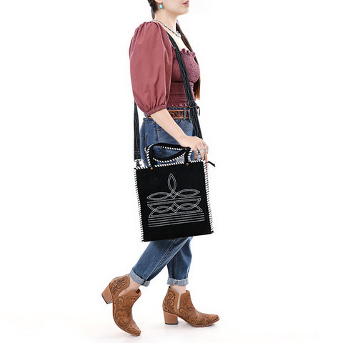 American Darling Western Genuine Suede Leather Tote Bag with Braided Trim & Detailed Boot Stitching