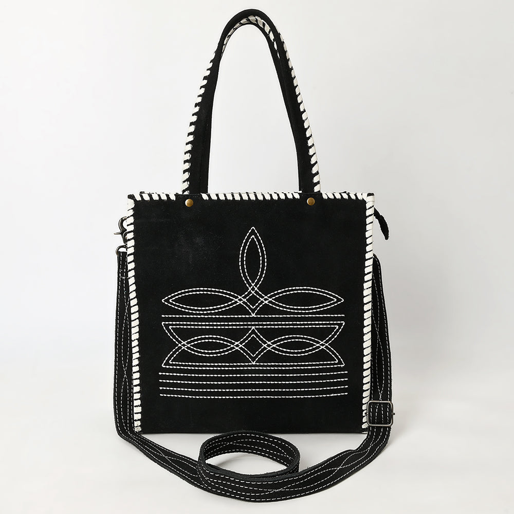 ADBG1590 Black Genuine suede Embroidered Tote Bag - Western Whipstitch Shoulder & Crossbody Purse
