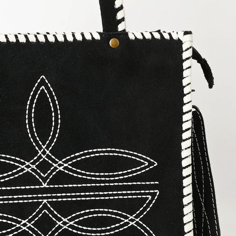 American Darling Western Genuine Suede Leather Tote Bag with Braided Trim & Detailed Boot Stitching