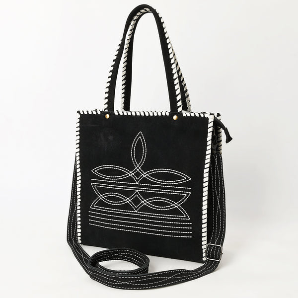 ADBG1590 Black Suede Embroidered Tote Bag - Western Whipstitch Shoulder & Crossbody Purse