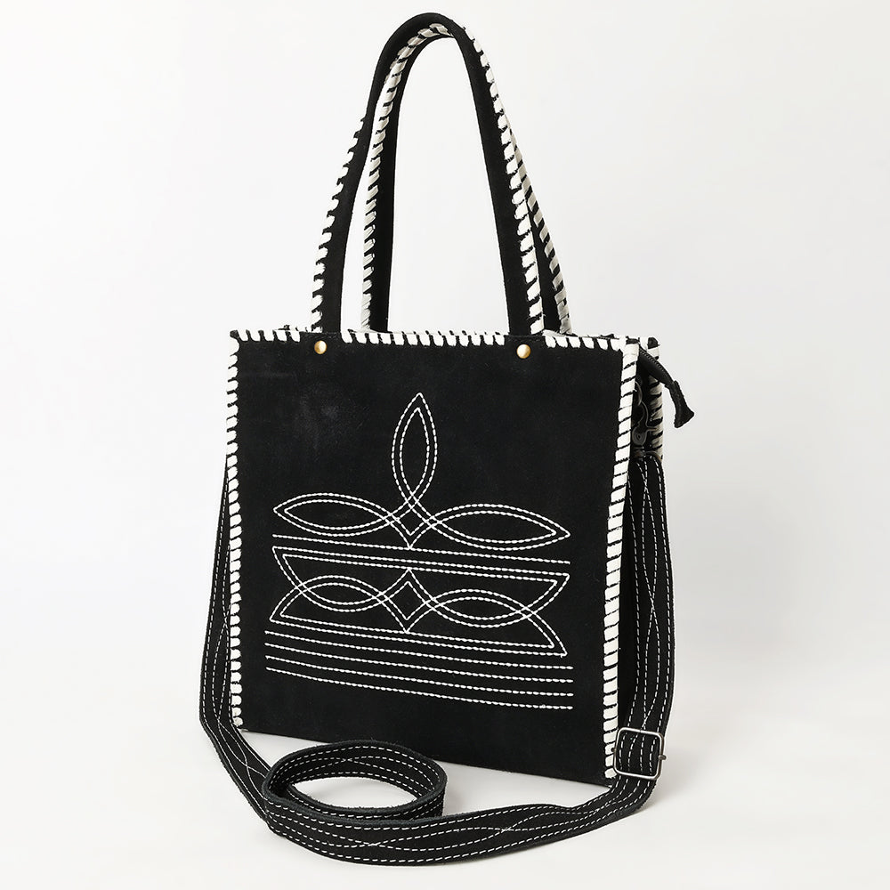ADBG1590 Black Genuine suede Embroidered Tote Bag - Western Whipstitch Shoulder & Crossbody Purse