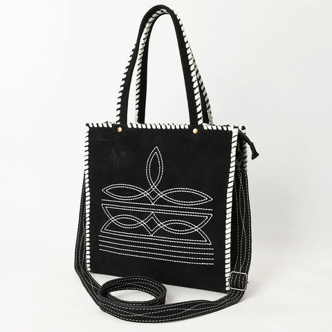 American Darling Western Genuine Suede Leather Tote Bag with Braided Trim & Detailed Boot Stitching