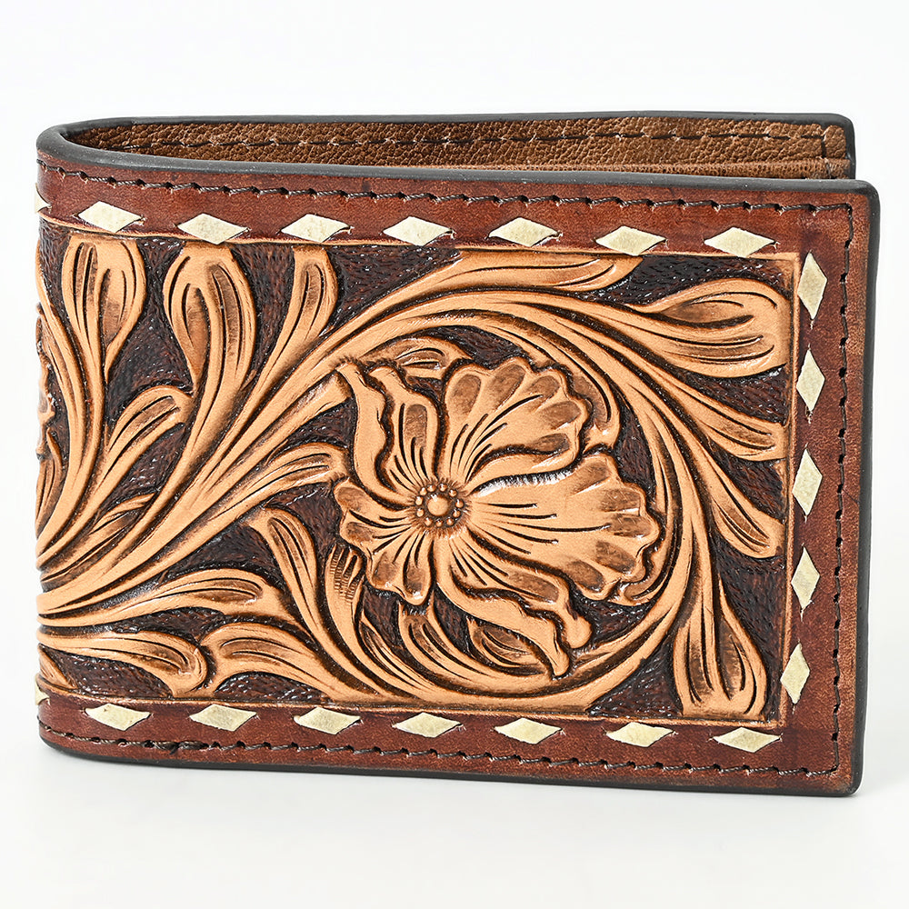 ADBG1592 Handtooled Leather Wallet - Western Floral Tooled Bifold with Stud Detail