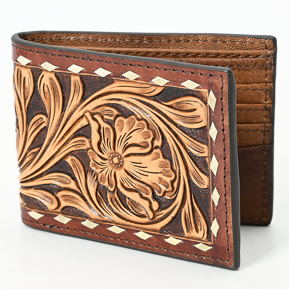 ADBG1592 Handtooled Leather Wallet - Western Floral Tooled Bifold with Stud Detail