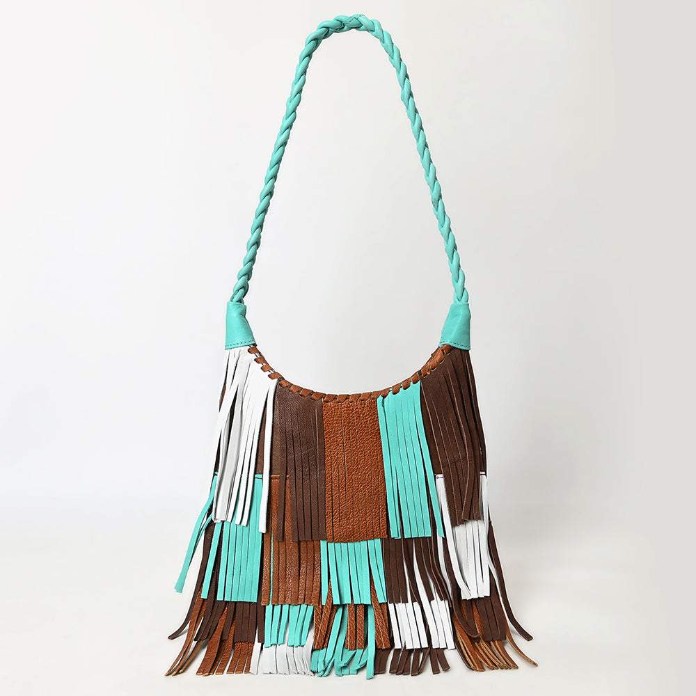 ADBG1594 Western Fringe Leather Hobo Bag - Turquoise, Brown & White Patch Fringe Purse