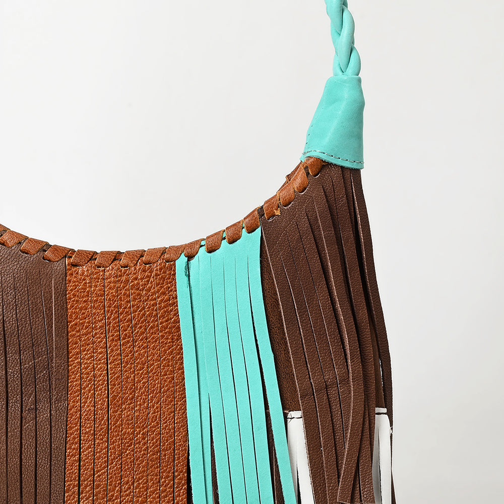 ADBG1594 Western Fringe Leather Hobo Bag - Turquoise, Brown & White Patch Fringe Purse