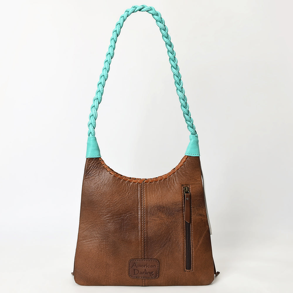 ADBG1594 Western Fringe Leather Hobo Bag - Turquoise, Brown & White Patch Fringe Purse