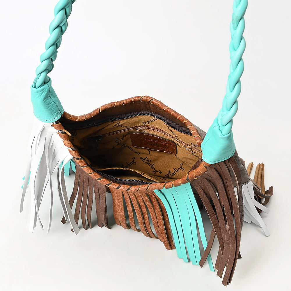 ADBG1594 Western Fringe Leather Hobo Bag - Turquoise, Brown & White Patch Fringe Purse