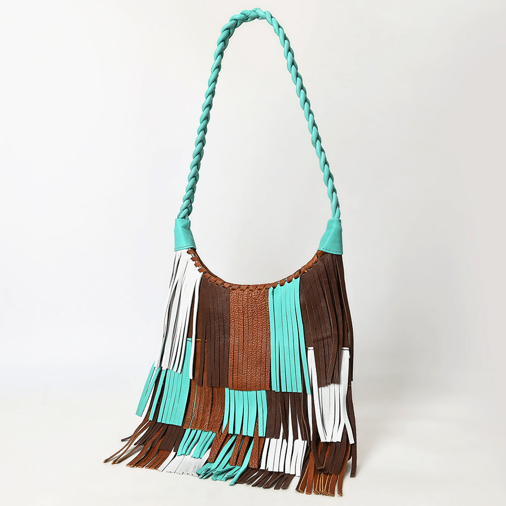 ADBG1594 Western Fringe Leather Hobo Bag - Turquoise, Brown & White Patch Fringe Purse