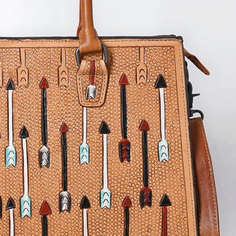 American Darling Hand-Tooled Leather Tote Bag with Western Arrow Carving & Full-Grain Detailing
