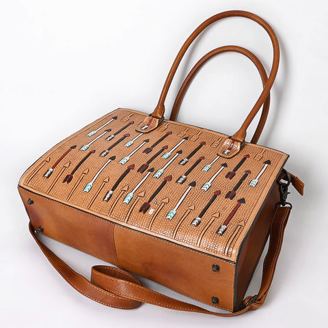 American Darling Hand-Tooled Leather Tote Bag with Western Arrow Carving & Full-Grain Detailing