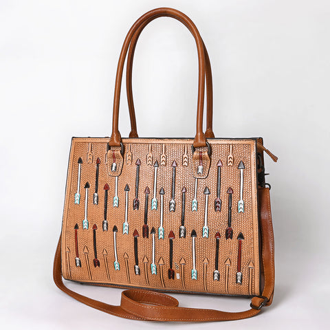 American Darling Hand-Tooled Leather Tote Bag with Western Arrow Carving & Full-Grain Detailing