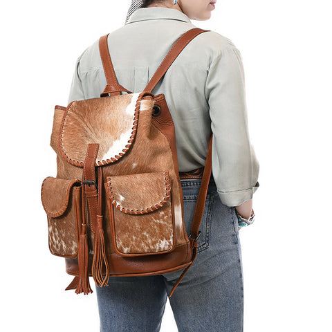 American Darling Western Genuine Leather Backpack Bag with Hair-On Cowhide and Tassel Detailing