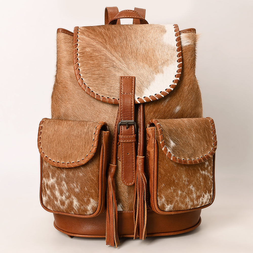 ADBG1596 Genuine Cowhide Leather Backpack with Front Pockets & Whipstitch Detailing