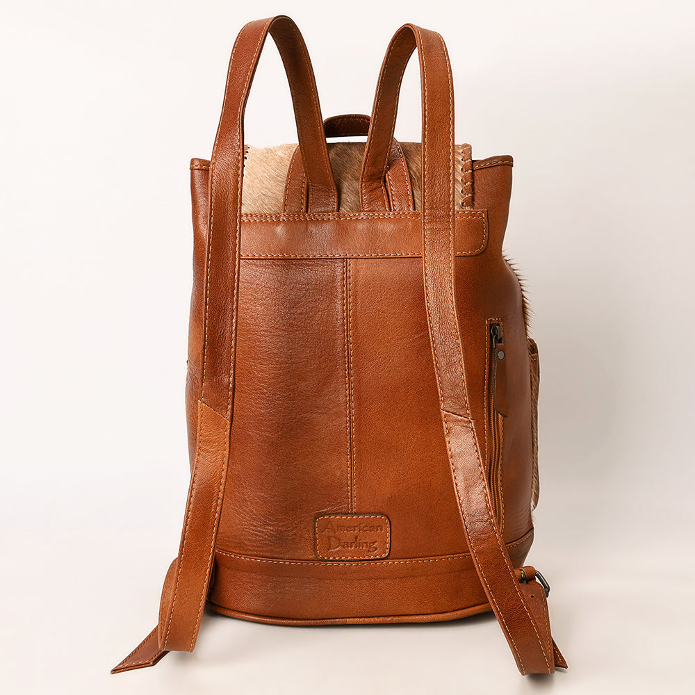 ADBG1596 Genuine Cowhide Leather Backpack with Front Pockets & Whipstitch Detailing