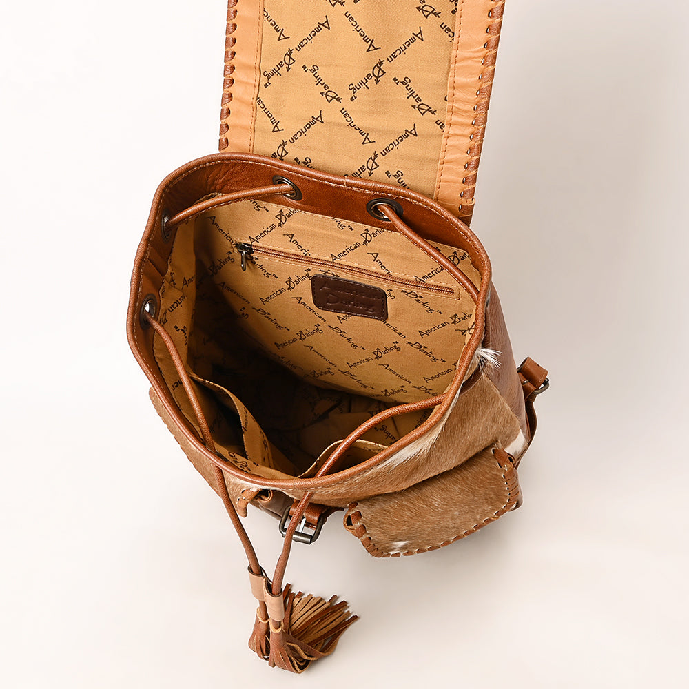ADBG1596 Genuine Cowhide Leather Backpack with Front Pockets & Whipstitch Detailing