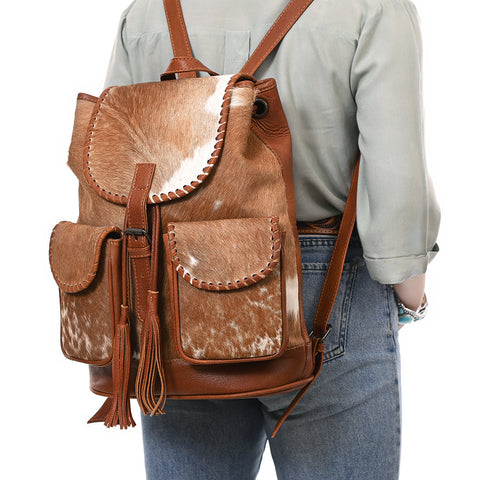 American Darling Western Genuine Leather Backpack Bag with Hair-On Cowhide and Tassel Detailing
