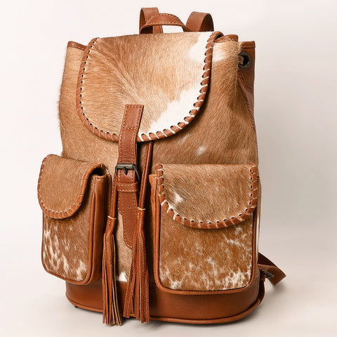 American Darling Western Genuine Leather Backpack Bag with Hair-On Cowhide and Tassel Detailing