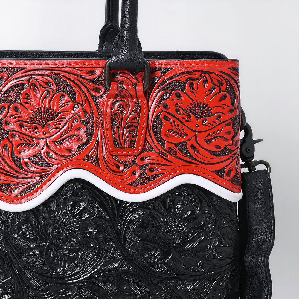 ADBG1598 Handtooled Black & Red Leather Tote with Floral Carving and Shoulder Strap