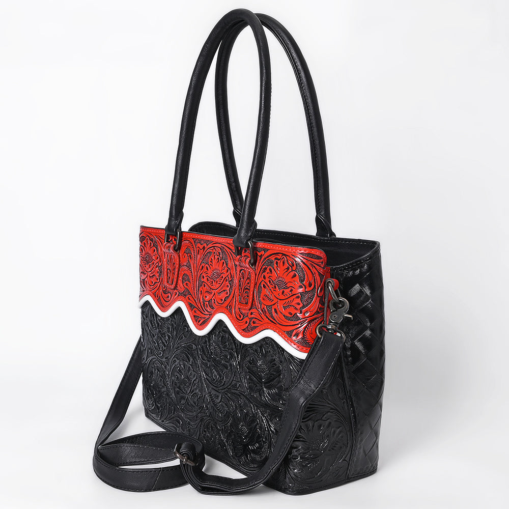 ADBG1598 Handtooled Black & Red Leather Tote with Floral Carving and Shoulder Strap