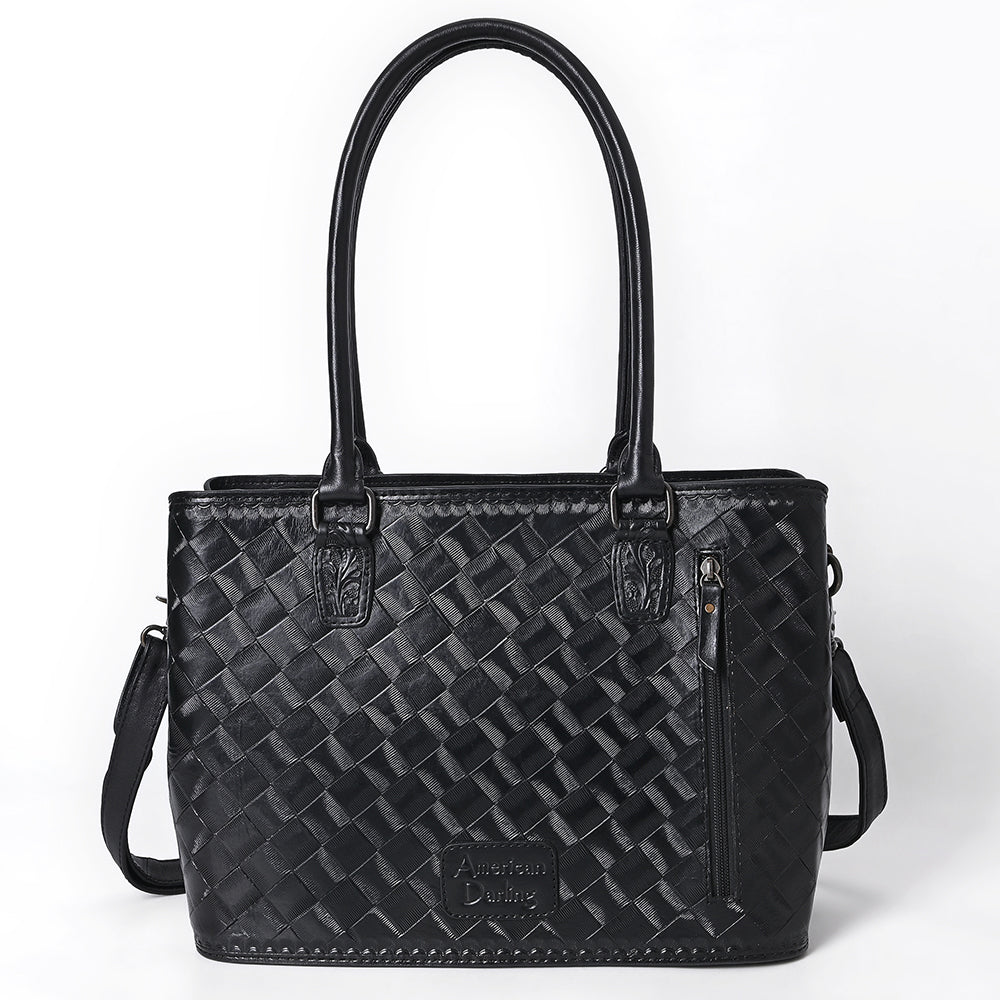 ADBG1598 Handtooled Black & Red Leather Tote with Floral Carving and Shoulder Strap