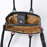 ADBG1598 Handtooled Black & Red Leather Tote with Floral Carving and Shoulder Strap