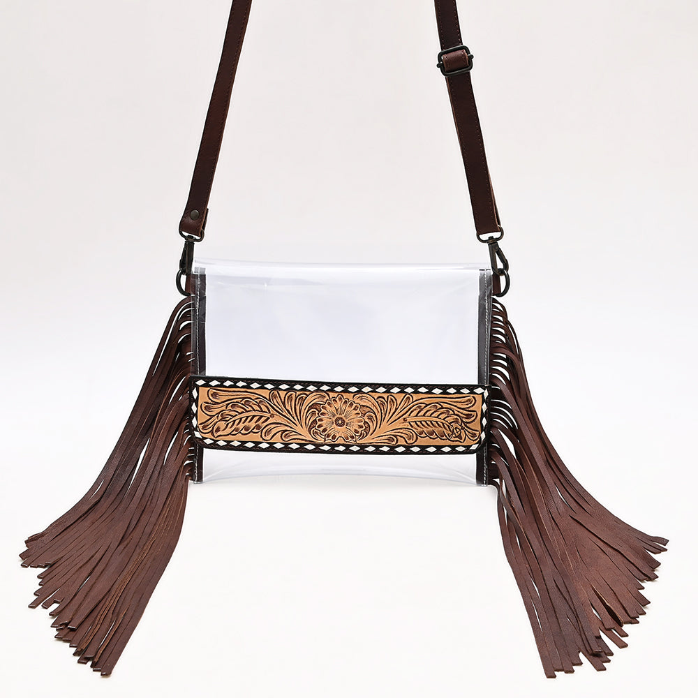ADBGZ889 Clear Fringe Crossbody with Tooled Leather Trim | American Darling