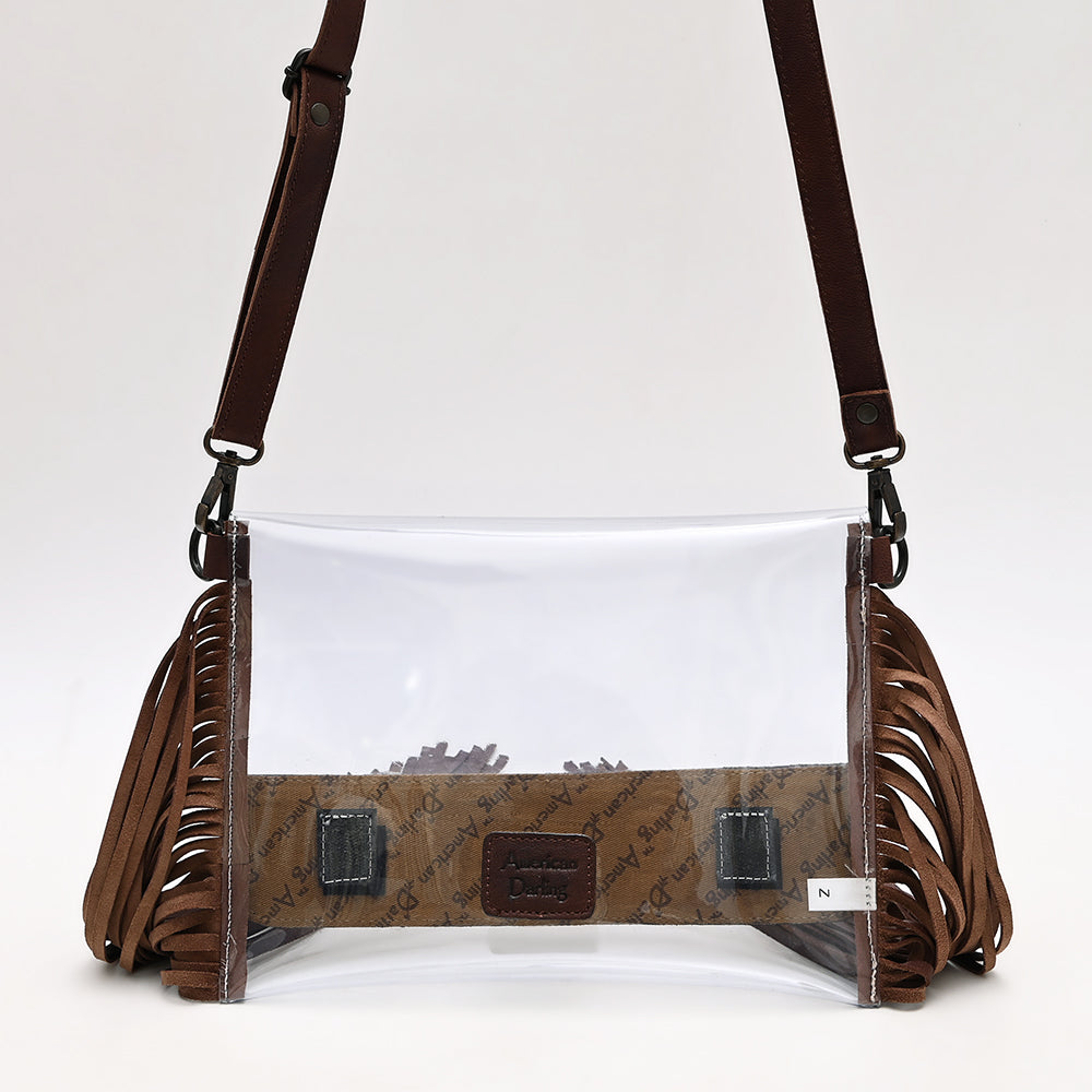 ADBGZ889 Clear Fringe Crossbody with Tooled Leather Trim | American Darling