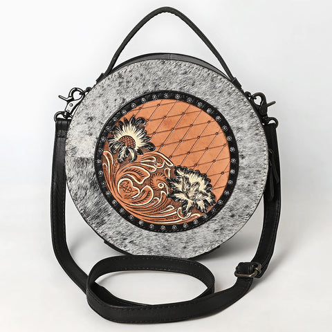 American Darling Western Genuine Leather Canteen Bag with Hand-Tooled Detailing & Hair-On Accents