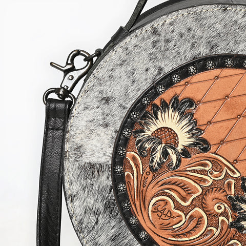 American Darling Western Genuine Leather Canteen Bag with Hand-Tooled Detailing & Hair-On Accents