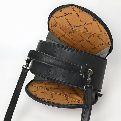 American Darling Western Genuine Leather Canteen Bag with Hand-Tooled Detailing & Hair-On Accents