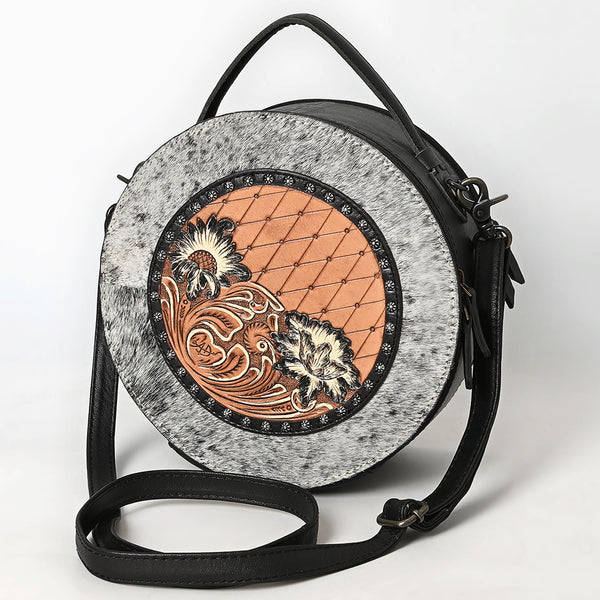 ADBG1600 Round Cowhide & Tooled Leather Canteen Bag with Turquoise Floral Design