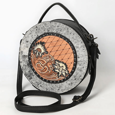American Darling Western Genuine Leather Canteen Bag with Hand-Tooled Detailing & Hair-On Accents