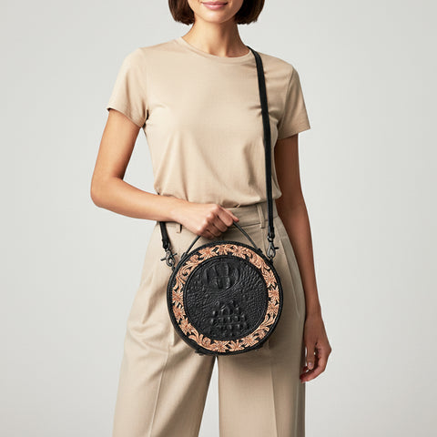 American Darling Western Genuine Leather Hand-Tooled Canteen Bag with Floral Carving