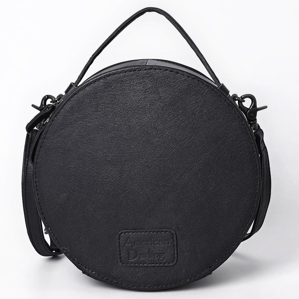 ADBG1604 Round Leather Canteen Bag with Floral Tooled Border & Embossed Center