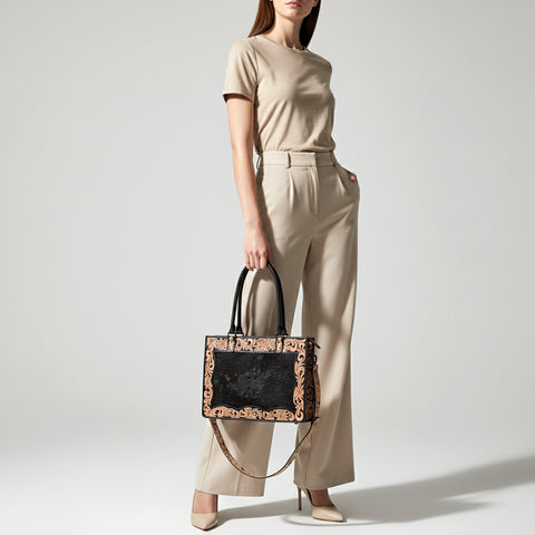 American Darling Western Genuine Crocodile-Embossed Leather Hand-Tooled Tote Bag with Floral Carving