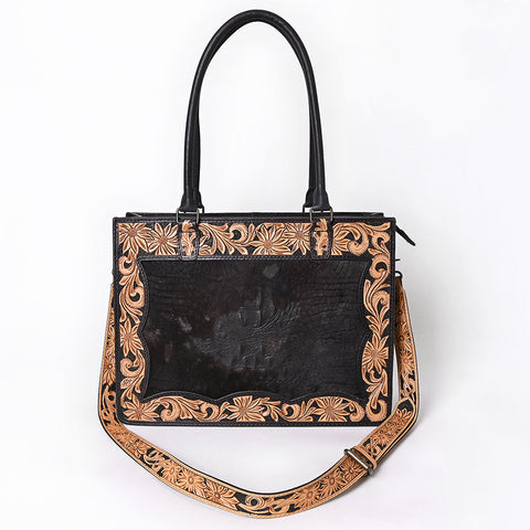 American Darling Western Genuine Crocodile-Embossed Leather Hand-Tooled Tote Bag with Floral Carving