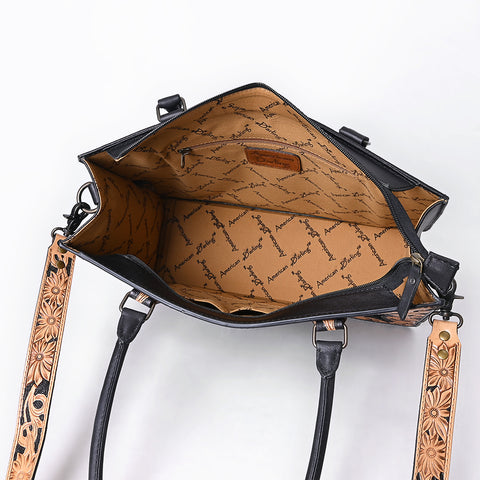 American Darling Western Genuine Crocodile-Embossed Leather Hand-Tooled Tote Bag with Floral Carving