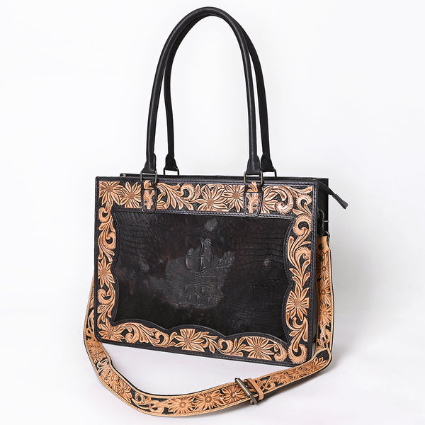 ADBG1605 Black Leather Tote Bag with Floral Tooled Border & Croc-Embossed Center
