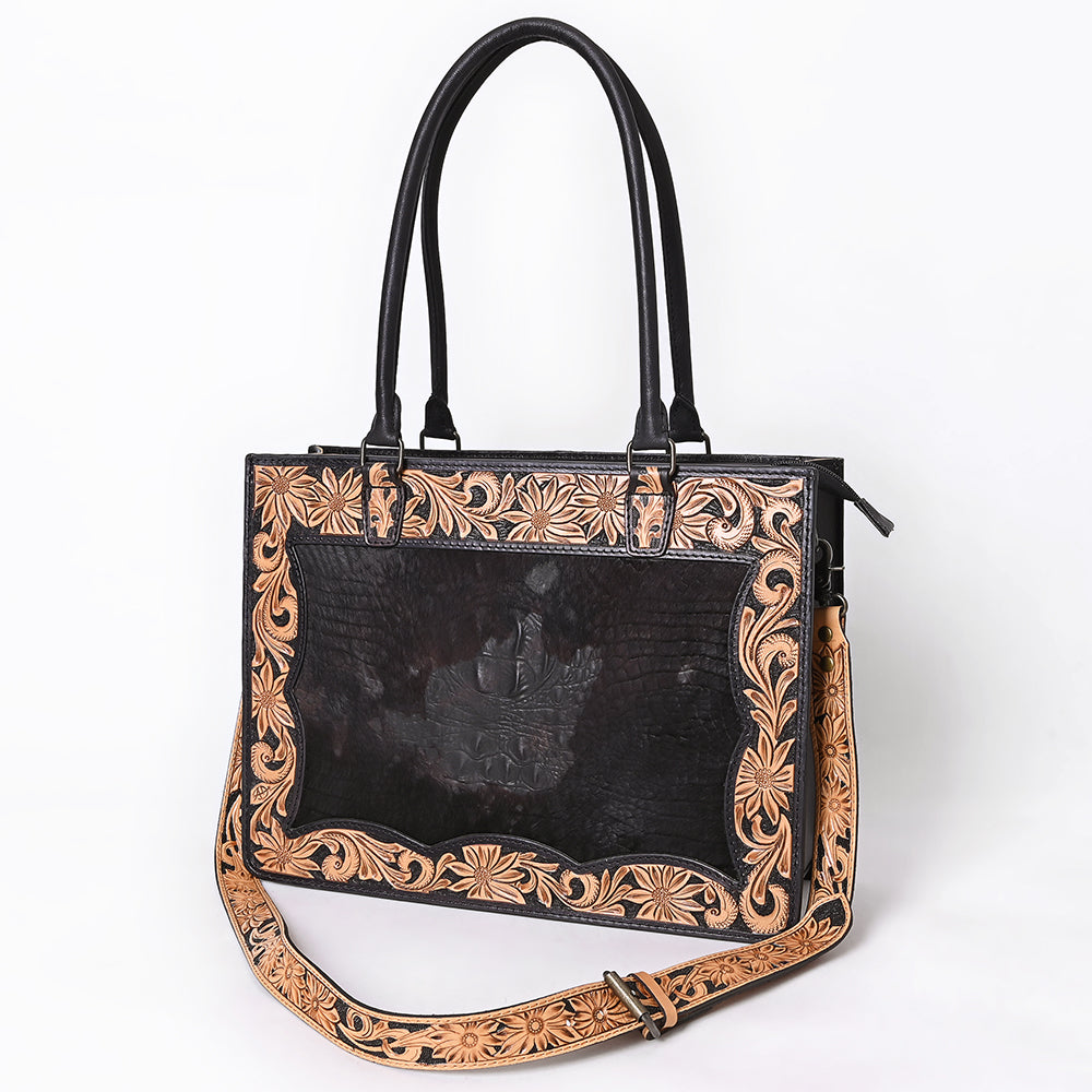 ADBG1605 Black Leather Tote Bag with Floral Tooled Border & Croc-Embossed Center