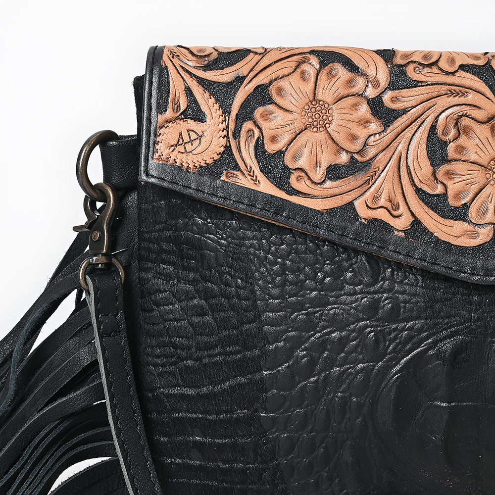 ADBG1606 Black Tooled Leather Fringe Wallet Bag with Croc-Embossed Body & Floral Flap