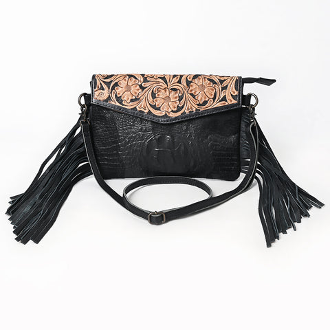 American Darling Western Genuine Leather Hand-Tooled Crossbody Hand Bag with Fringe Design