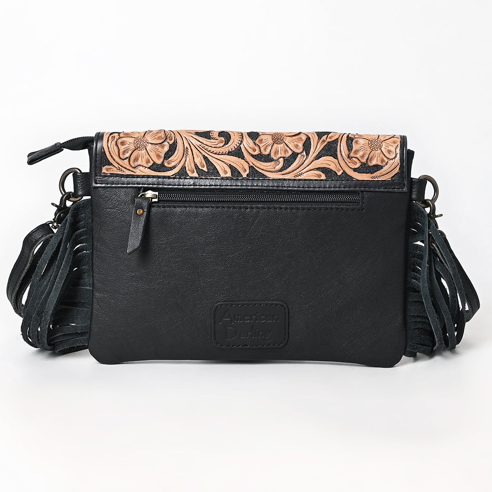 ADBG1606 Black Tooled Leather Fringe Wallet Bag with Croc-Embossed Body & Floral Flap