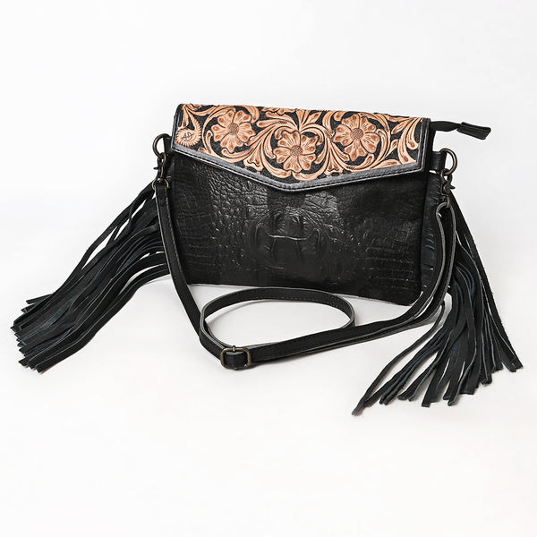 ADBG1606 Black Tooled Leather Fringe Wallet Bag with Croc-Embossed Body & Floral Flap
