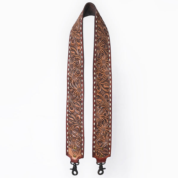 ADBT147 Wide Hand-Tooled Leather Bag Strap with Whipstitch Edges - Western Floral Carved Replacement